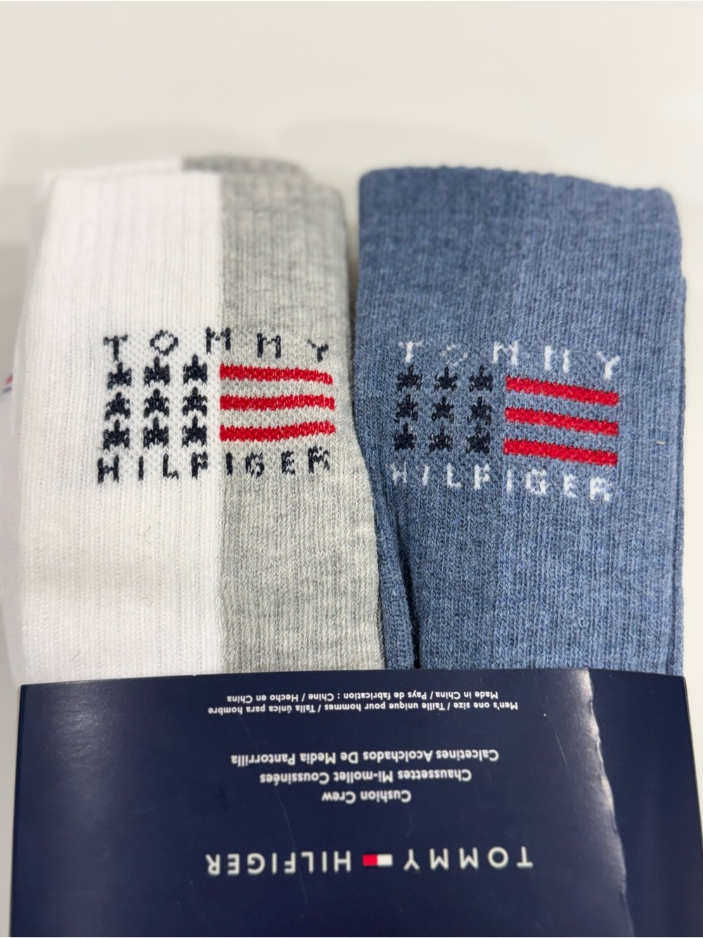 Tommy Hilfiger Men's Crew Socks in White, Gray & Blue with Red Accent